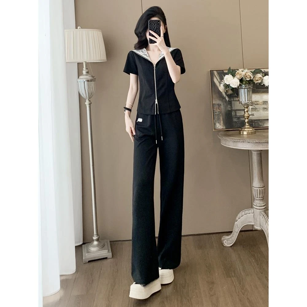 高级感黑色休闲运动套装女夏季显瘦蕾丝拉链连帽短袖阔腿裤两件套