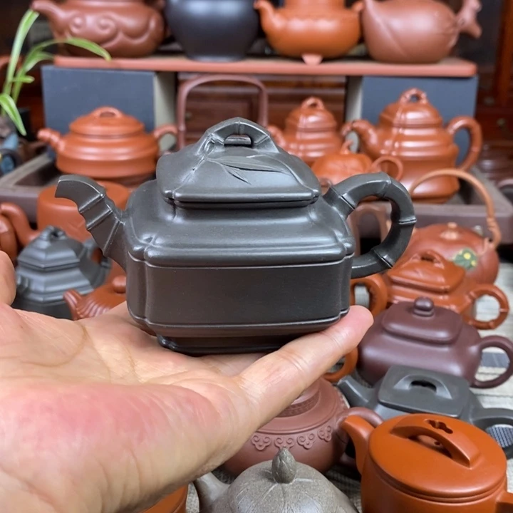 紫砂茶壶四方竹鼓200cc原矿古天青紫砂特价