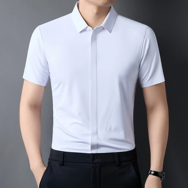 含桑蚕丝白色短袖无痕暗门禁衬衫薄款男士高端气质夏季半袖透气衫