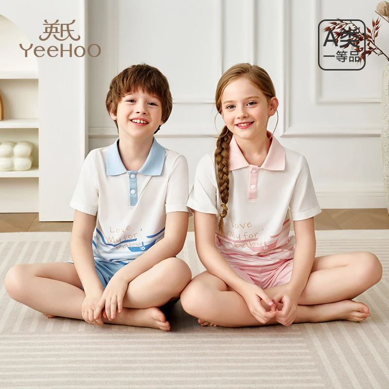 英氏儿童睡衣男女童夏季薄款家居服短袖分体空调服纯棉a类套装M