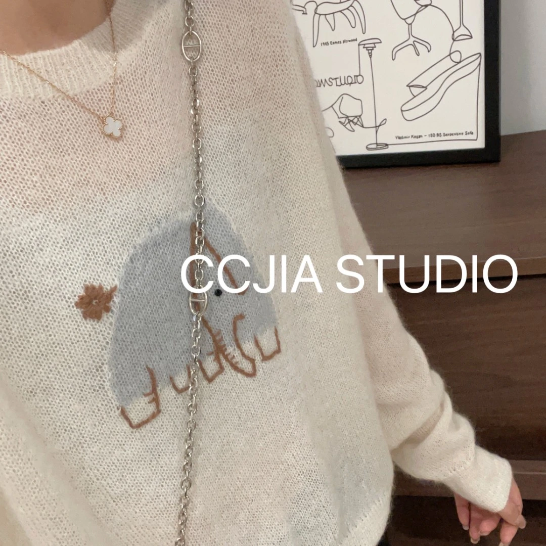 【马海毛小象提花】小香风时尚圆领显瘦百搭长袖针织衫