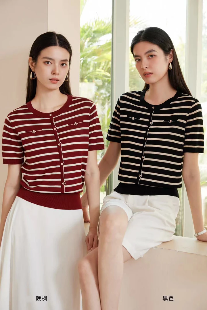 女士天丝圆领套头条纹短袖夏季