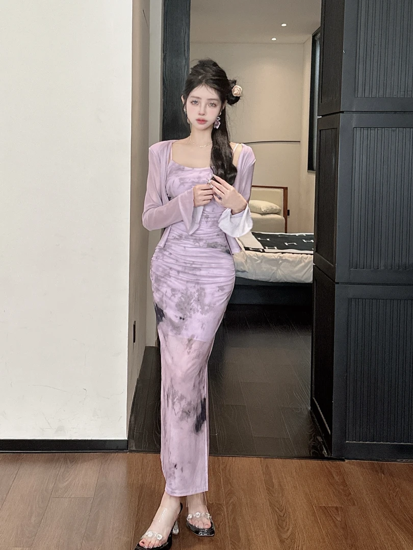 设计感法式性感打底法式开叉显瘦包臀侧开叉女吊带裙+防晒薄外套