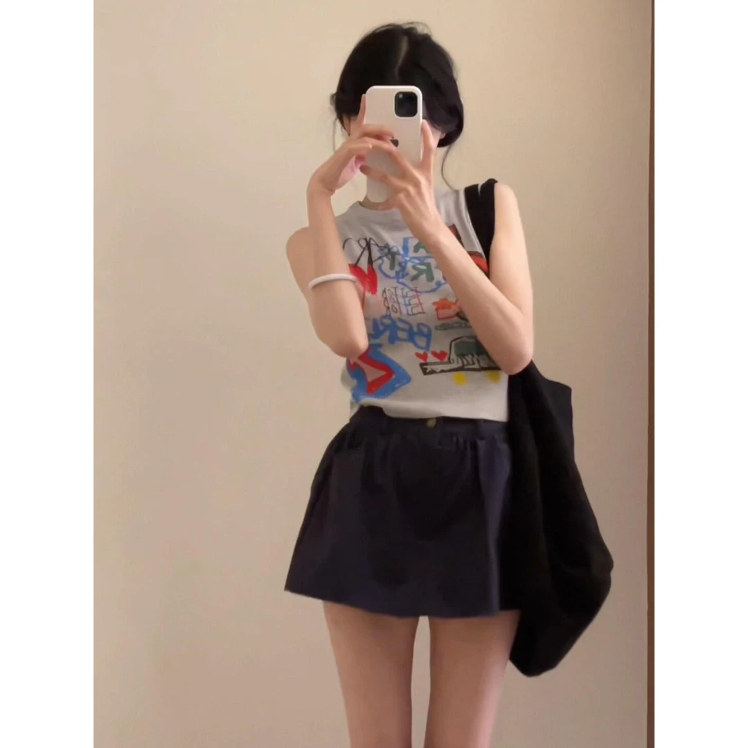 parkyeon设计感涂鸦印花短款修身无袖上衣搭配高腰A字短裙套装