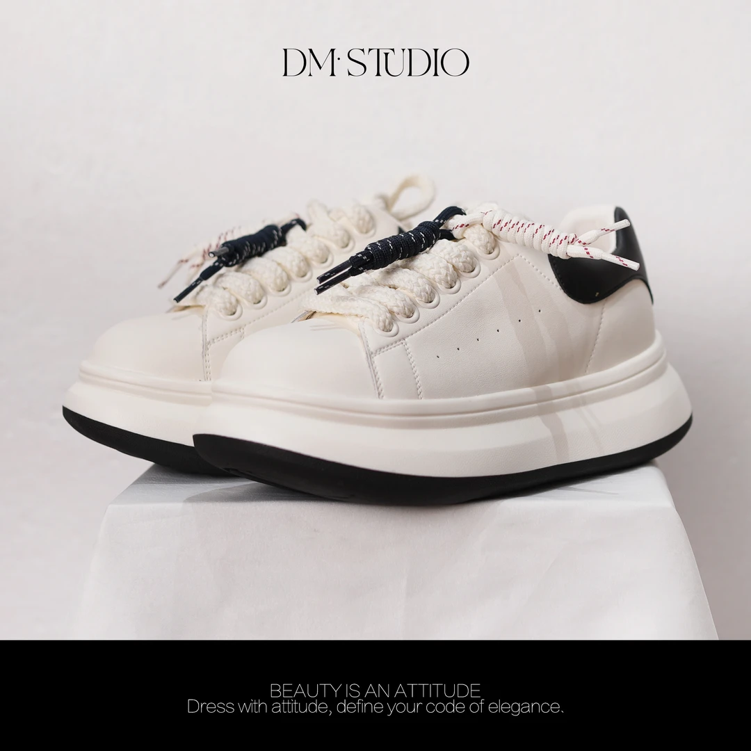 DEDM•STUDIO/气质百搭圆头增高系带休闲厚底增高撞色板鞋25f-8009