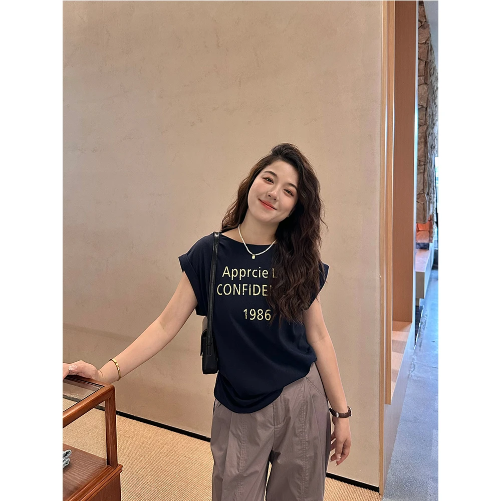 WenWen小个子韩系新款2025英文印花飞飞袖休闲短袖T恤上衣4024