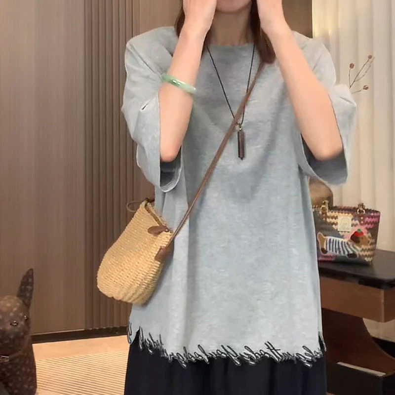 灰色圆领宽松短袖T恤夏季薄款胖MM大码女装休闲百搭时尚显瘦上衣