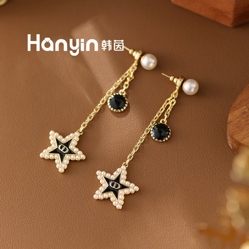 铜合金仿珍珠耳饰 925银针气质长流苏黑色猪鼻五角星圆珠耳钉AAA