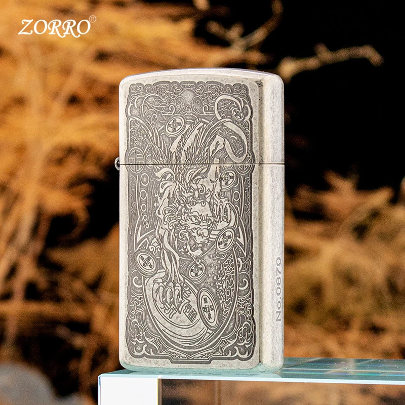 佐罗ZORRO909窄机古银貔貅大唐草煤油打火机便携款纤巧砂轮防风男