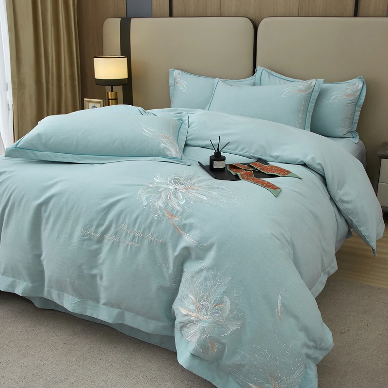 100%纯棉加厚轻奢简约长绒棉刺绣绣花家纺床上用品斜纹全棉四件套