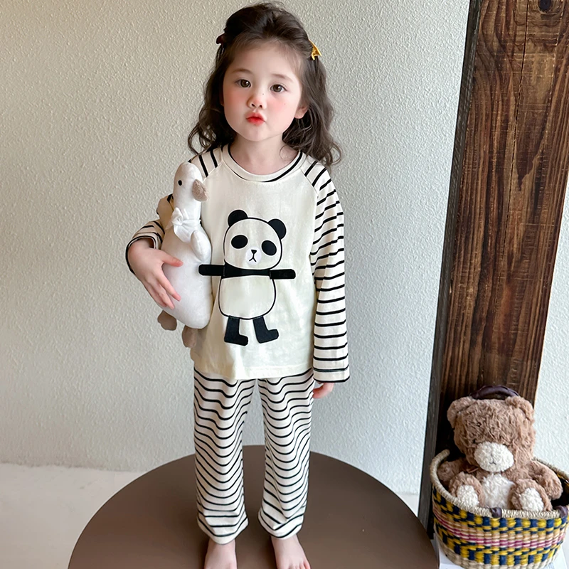 女童春秋季睡衣2025新款女宝宝春装熊猫家居服两件套儿童条纹套装