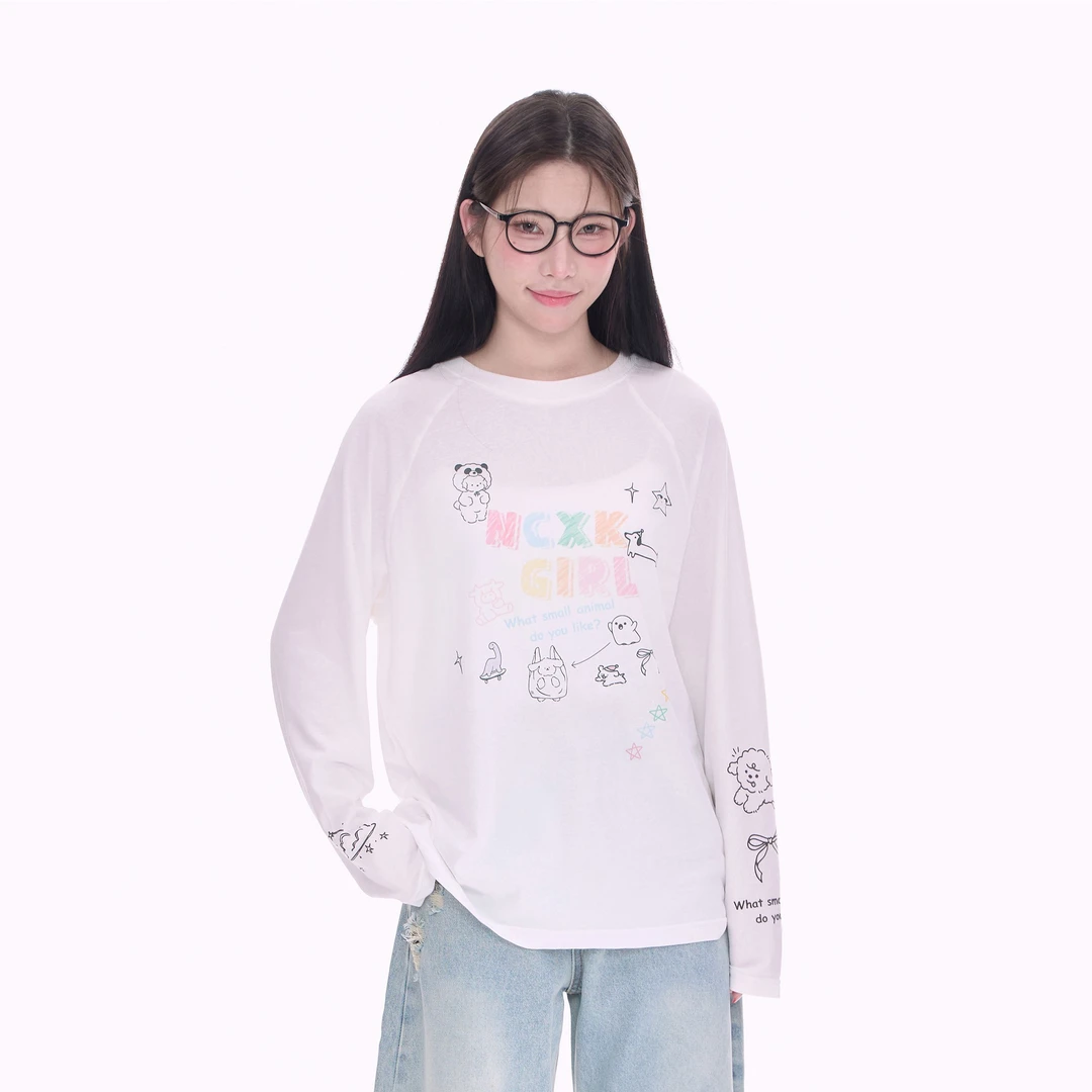 【NCXK】手绘小动物印花长袖T恤罩衫可爱甜美多彩夏季防晒CX25028