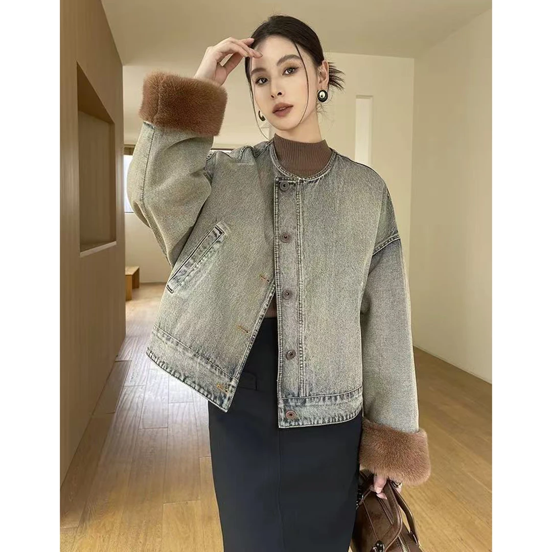 无印心匠Y082 鹅绒 羽绒服女短款冬季水貂毛拼接牛仔复古k2138