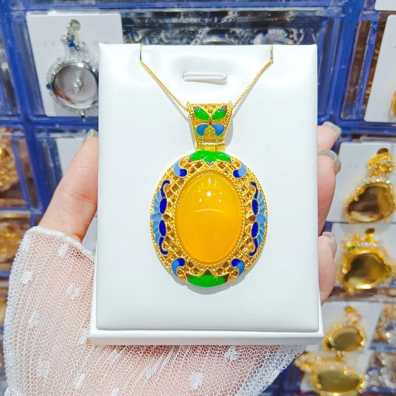 大号玉髓镶嵌水滴吊坠景泰蓝项链毛衣链高冰种绿玛瑙蛋面挂件