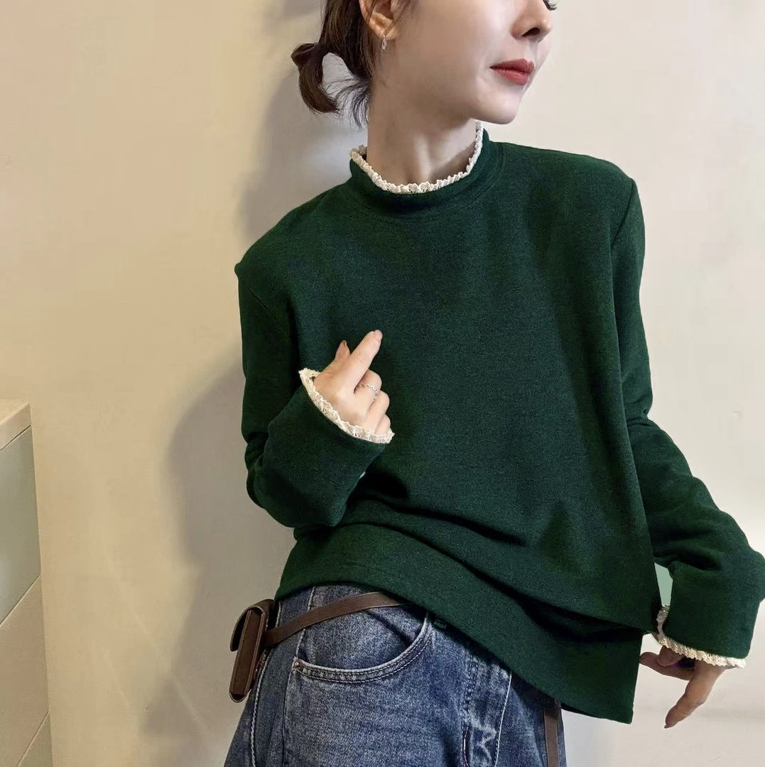 花边领打底衫2025新款今年流行爆款加绒厚款德绒半高领长袖t恤女