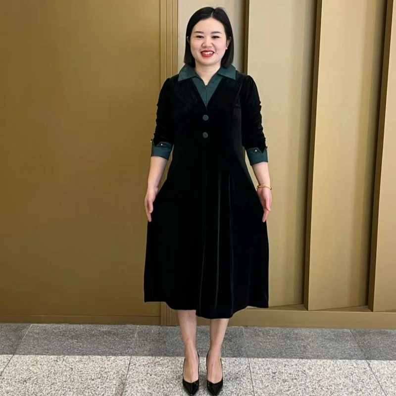 丝绒拼接连衣裙2025春季新款气质优雅百搭收腰显瘦中长款裙子