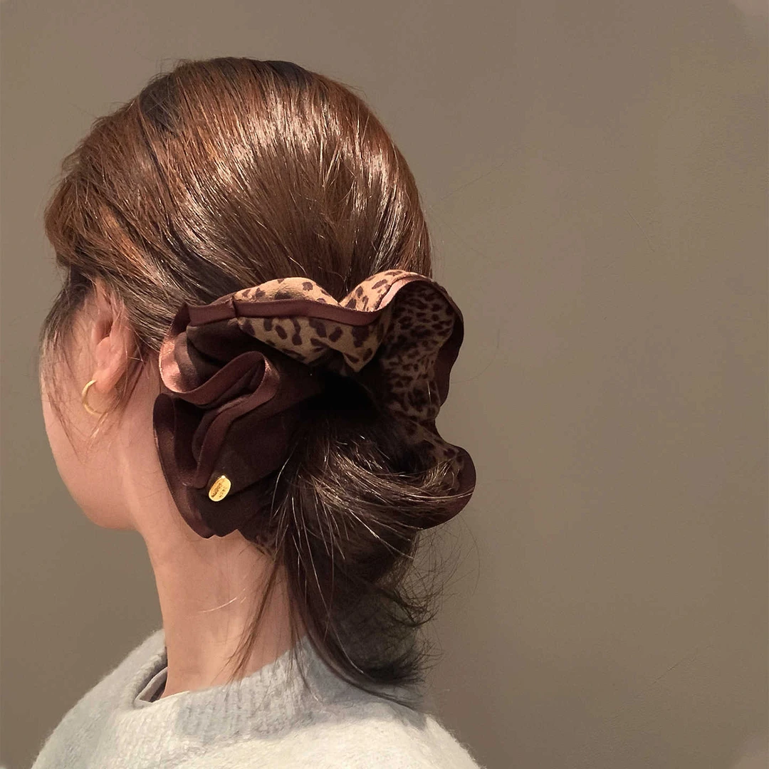 复古气质豹纹拼接布艺发圈棕咖色品质肠圈头饰秋冬新款发绳头绳女