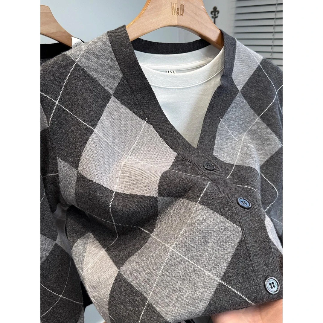 灏吉弧菱形提花开衫男V领秋季中年男士毛衣外套休闲外搭高级