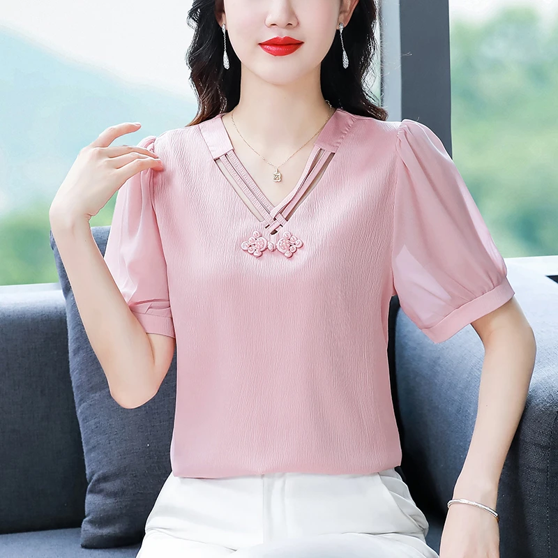 实拍2025夏装新款真丝气质显瘦印花雪纺衬衫上衣女