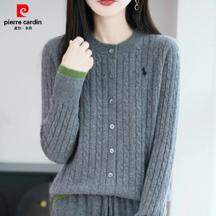皮尔卡丹2025新款秋冬圆领开衫毛衣宽松羊毛针织打底女山羊绒开衫