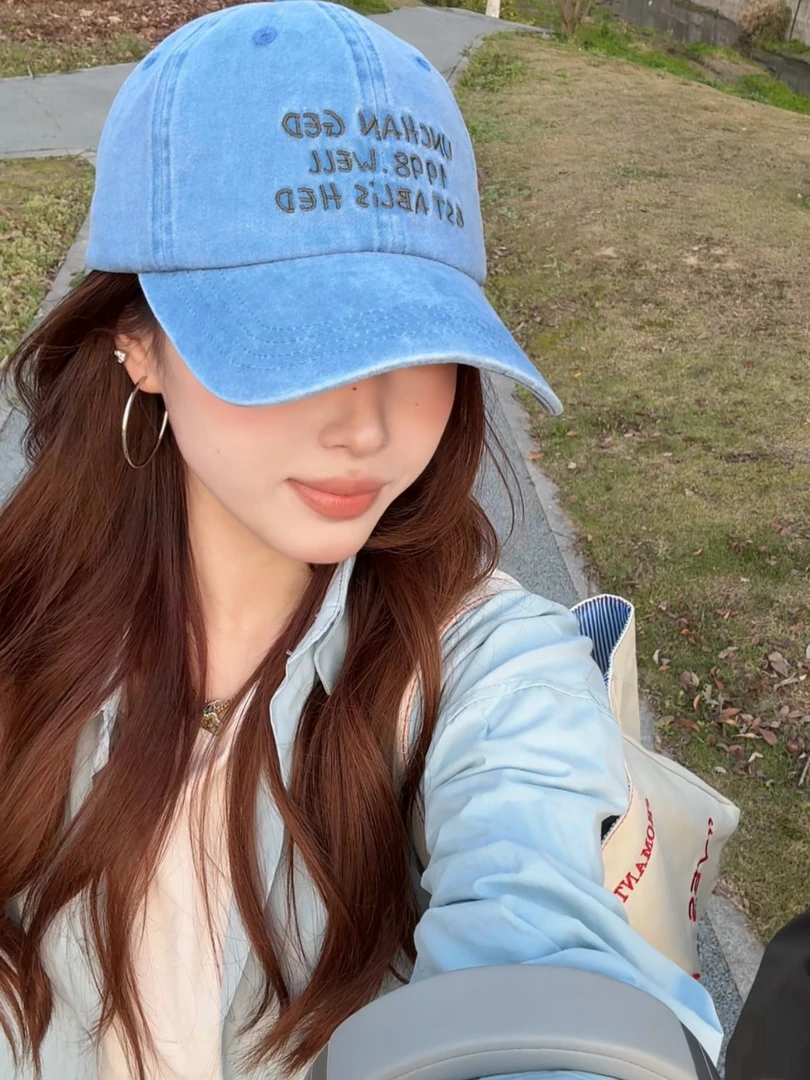 iiu'k海盐蓝美式复古棒球帽干净显白大头围显脸小宽檐遮阳百搭ins