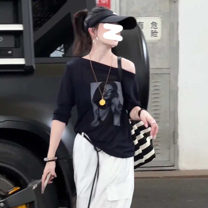 美式辣妹斜肩长袖T恤女夏季2025新款设计感小众薄款防晒罩衫上衣