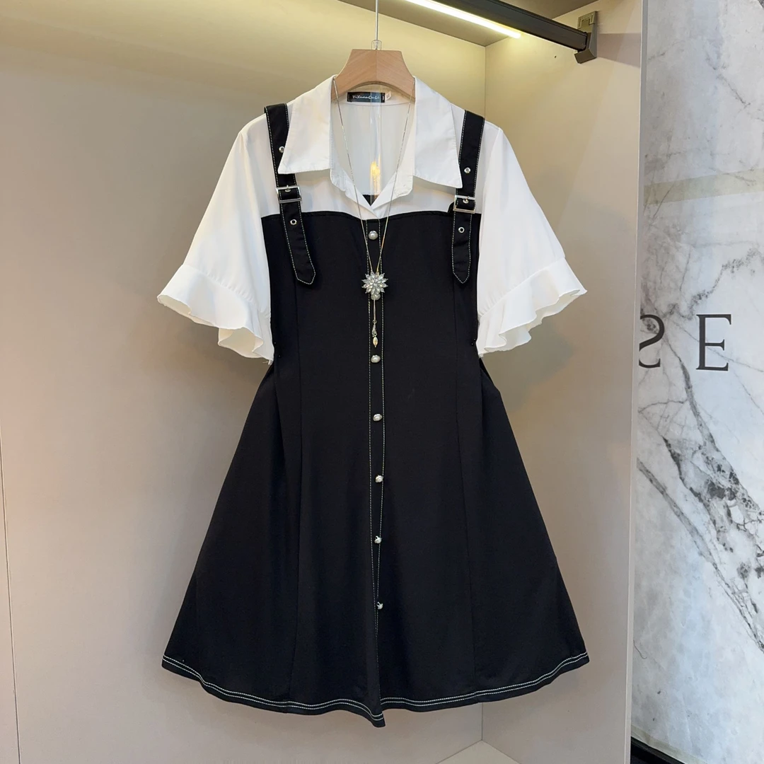 夏季新款翻领拼接设计感2025胖MM假俩件时尚洋气显瘦连衣裙8202