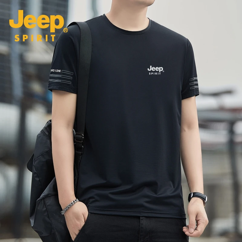 JEEPSPIRIT吉普冰丝短袖T恤男夏季薄款圆领速干宽松透气运动上衣