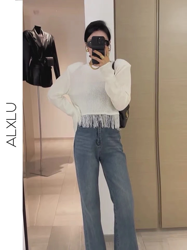 韩系条纹针织衫女早春新款设计感流苏长袖短款简约时髦打底衫上衣