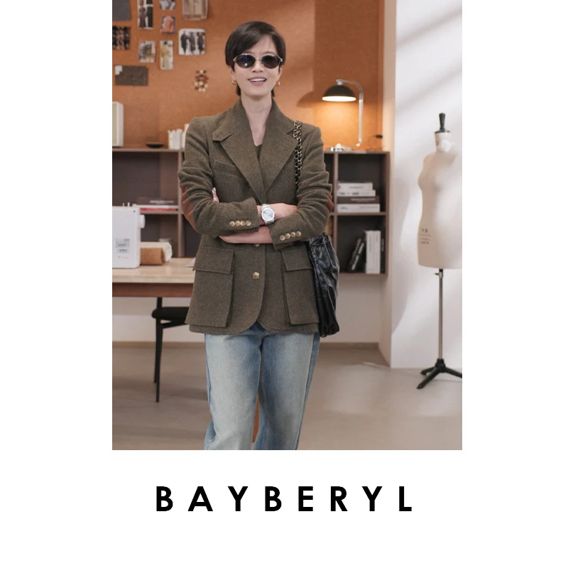 BAYBERYL老贝马术西装*袖补丁经典绿老钱立裁秋外套XZ5E2645-8/3