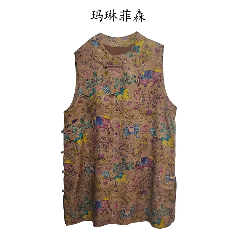 多彩大象时尚新中式国风背心裙夏季无袖宽松马甲复古连衣裙小个子