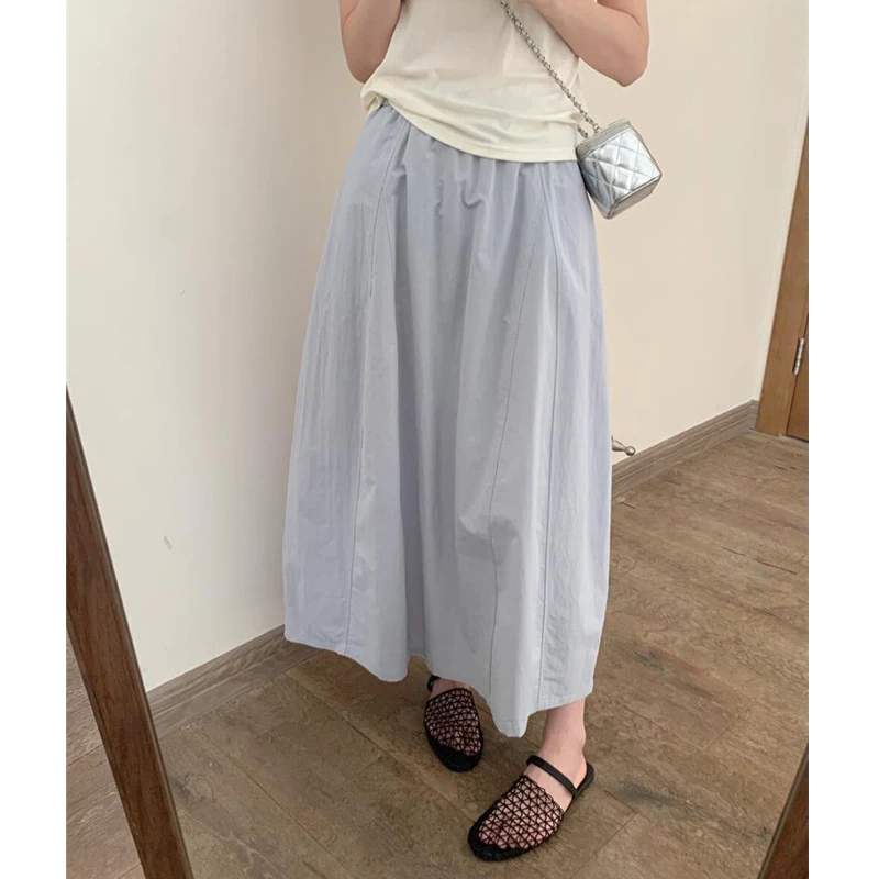 拼接中长款高腰A字半身裙夏季韩系百搭蓝色花苞裙慵懒风宽松伞裙