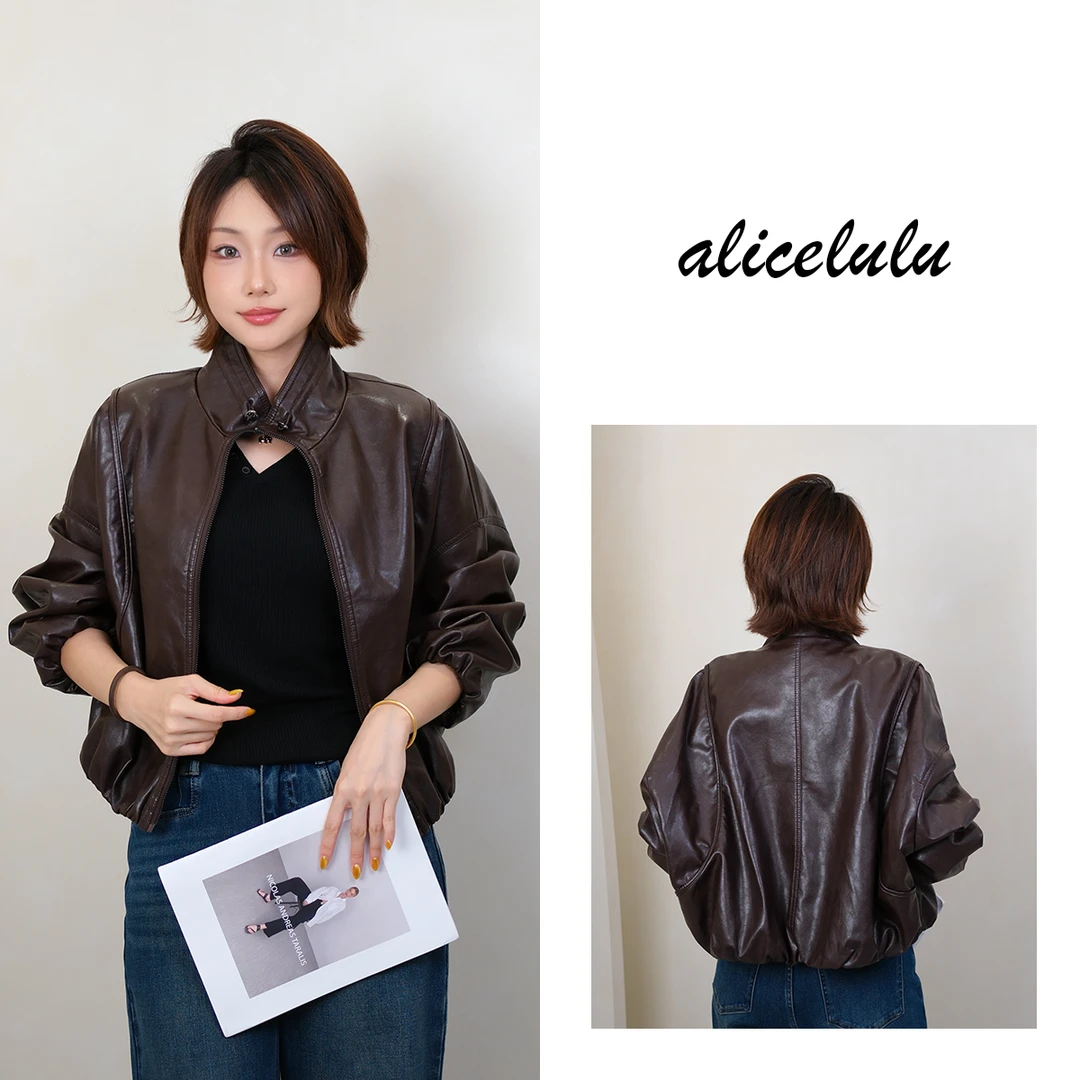 [alicelulu] 时尚潮款抽褶光泽立领休闲皮衣外套S2144082Ur