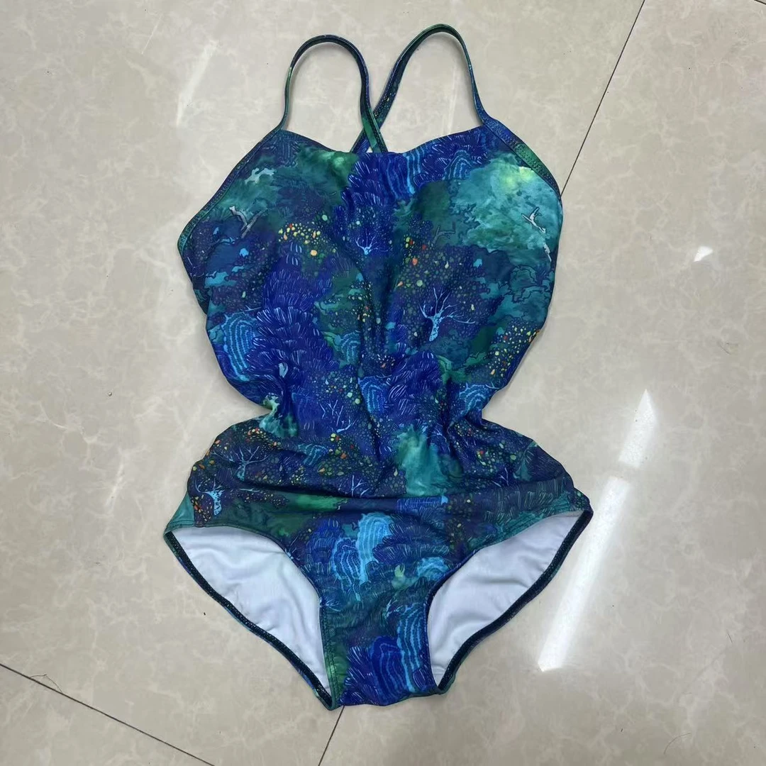 【海拔森林】蓝色女士三角连体泳衣夏季竞速游泳温泉薄款美背紧身