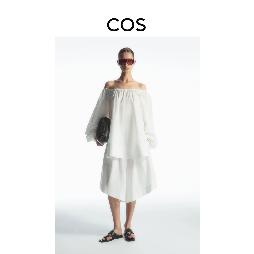 COS女装 休闲版型阔腿缩褶弧形短裤白色夏季1221631002