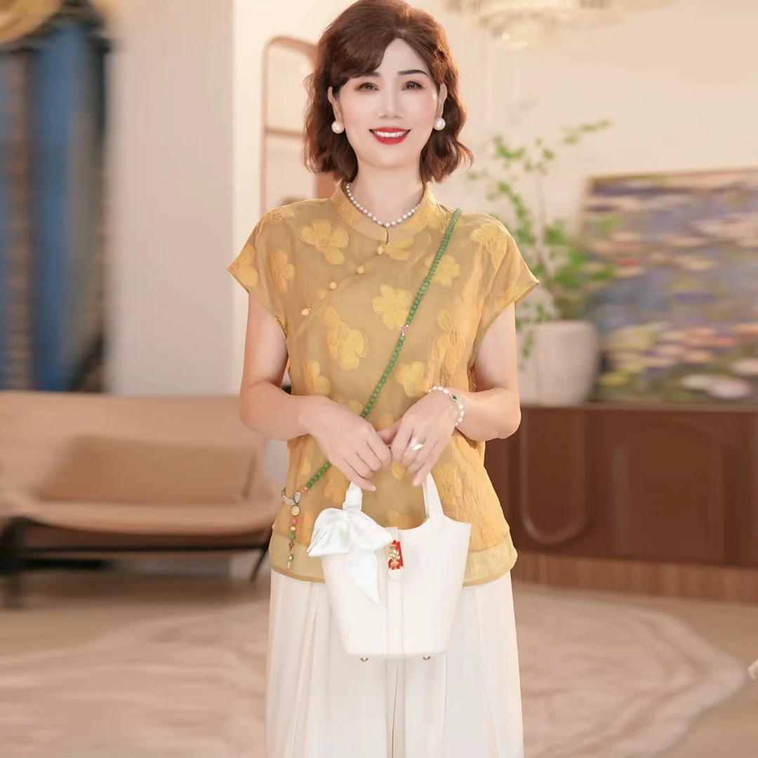 新中式盘扣时尚衬衫女2025夏季新款妈妈装老钱风提花中长款上衣