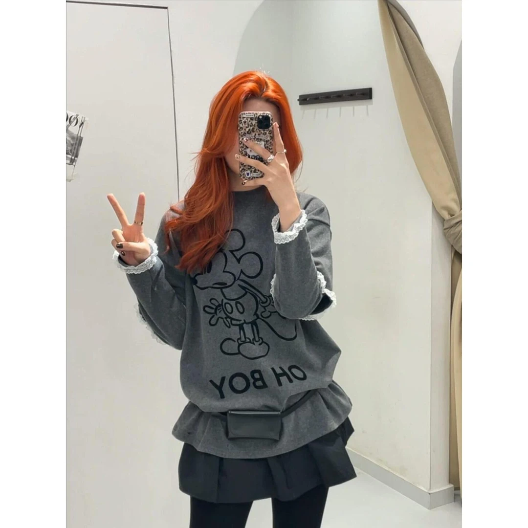 【米西】假两件拼接蕾丝长袖卡通印花米奇t恤打底上衣.Y690