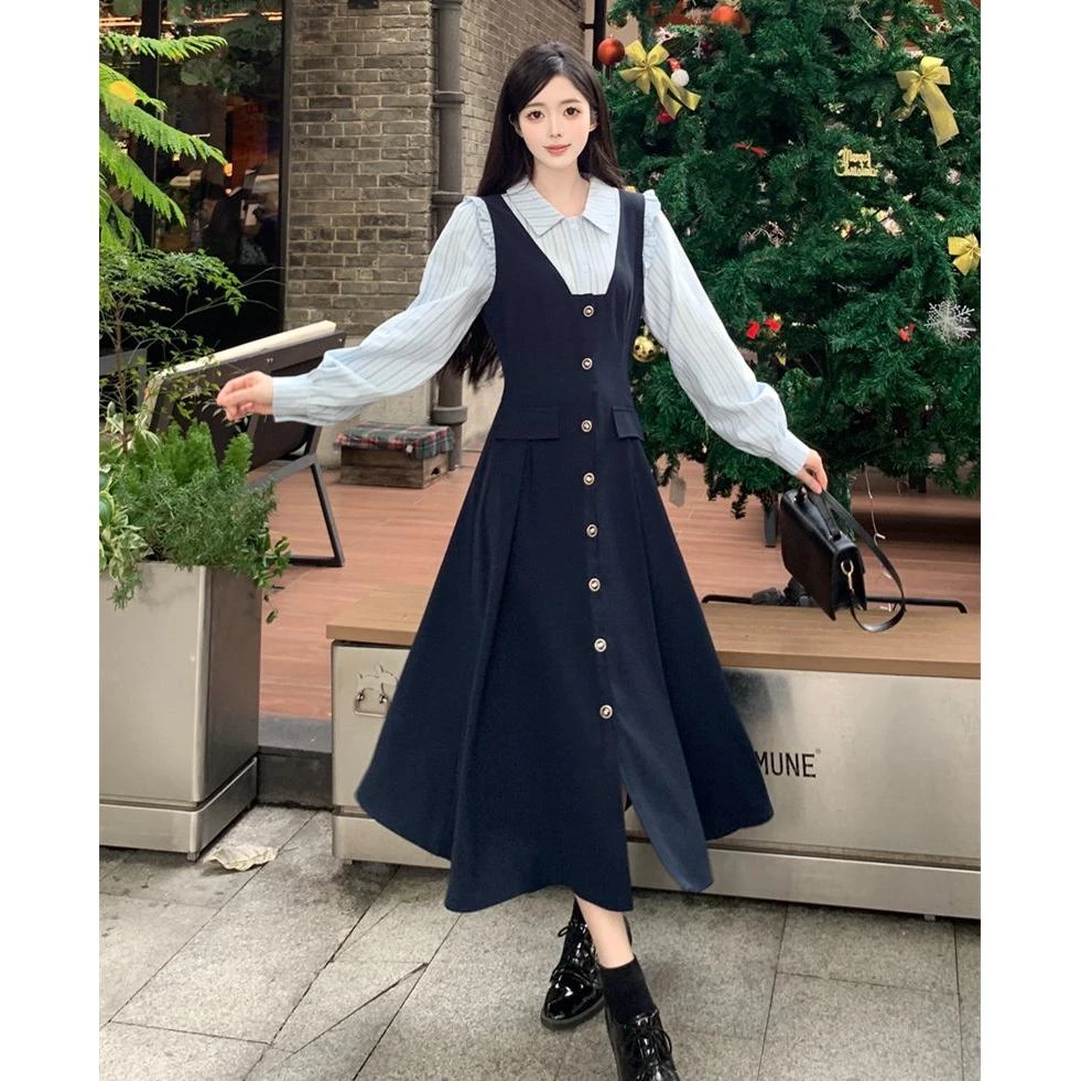 2025早春新款法式学院风减龄连衣裙女胖mm收腰显瘦假两件长裙