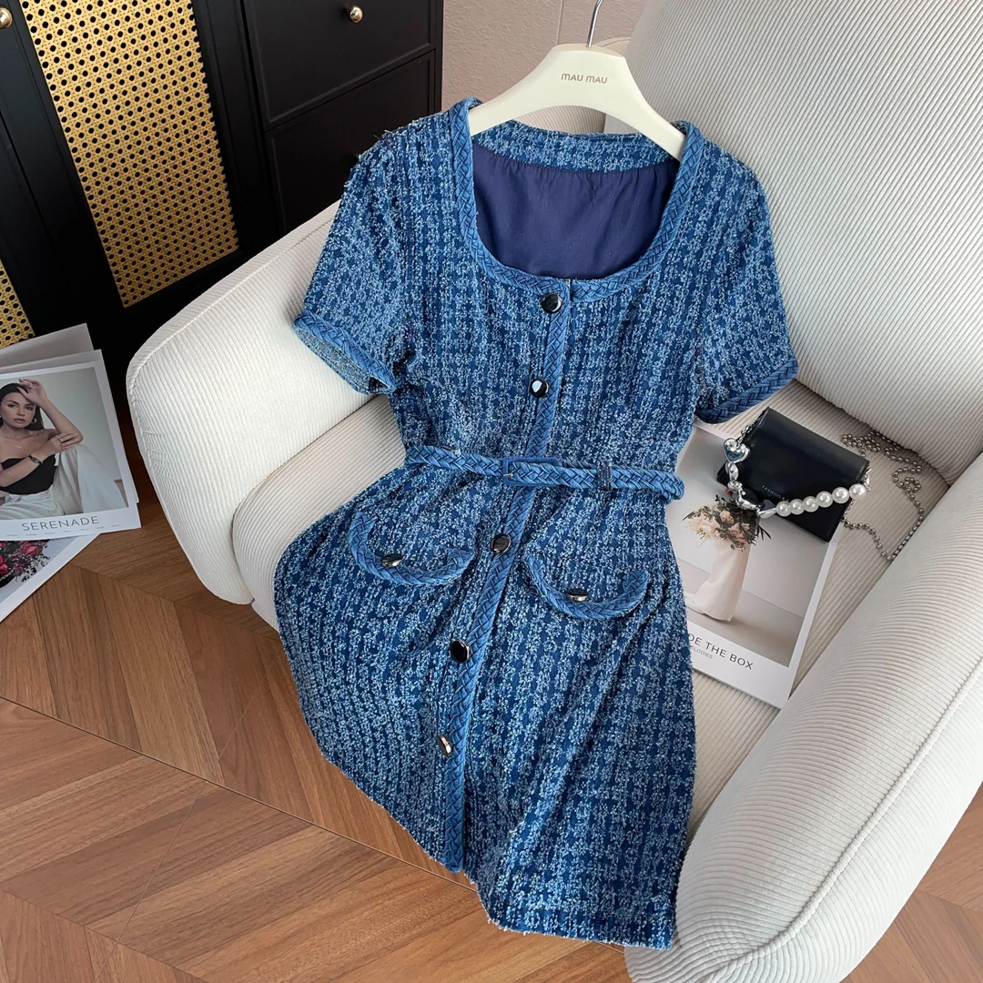 小香风牛仔粗花呢收腰方领连衣裙DY4378
