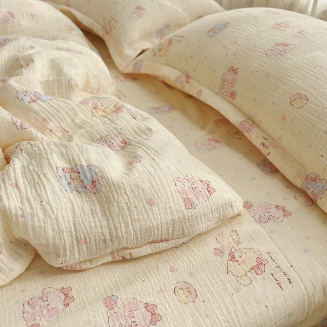 A类母婴级卡通彩色哈皮小狗皱皱双层纱蝴蝶结纯棉四件套1.5m1.8米