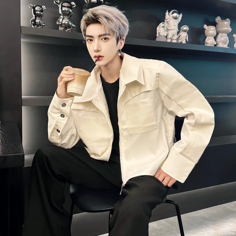 cleanfit白色短款皮衣外套男秋季美式高街小众pu皮拼接机车服夹克