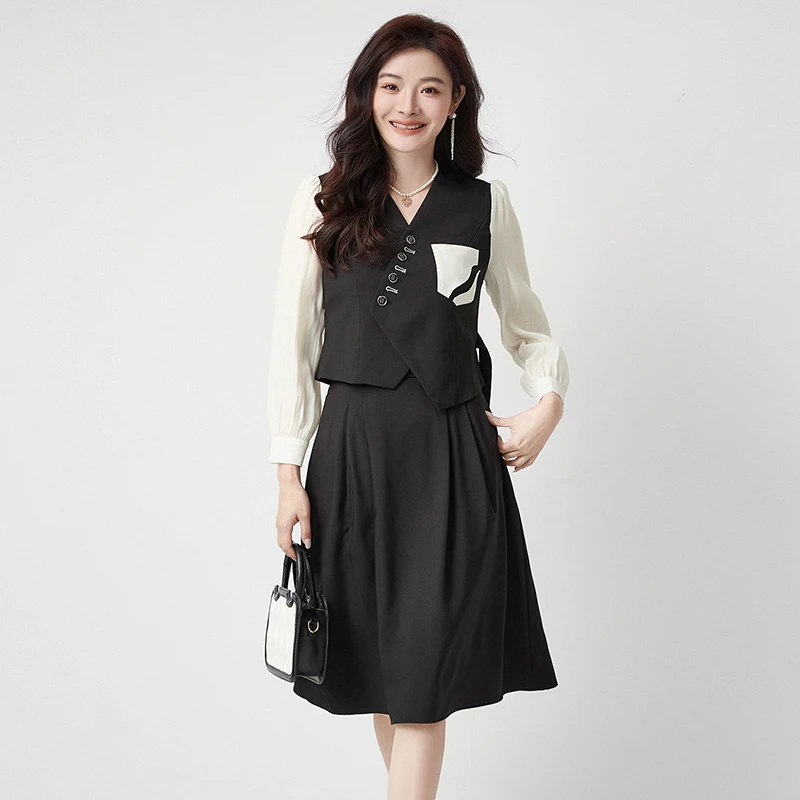 F065拼色长袖上衣+半身裙时尚两件套装女51AW0U0007