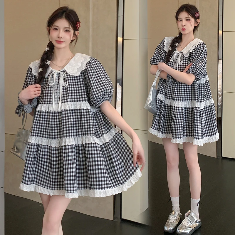 孕妇连衣裙2025夏季新款韩版经典黑白格俏皮减龄孕妇连衣裙