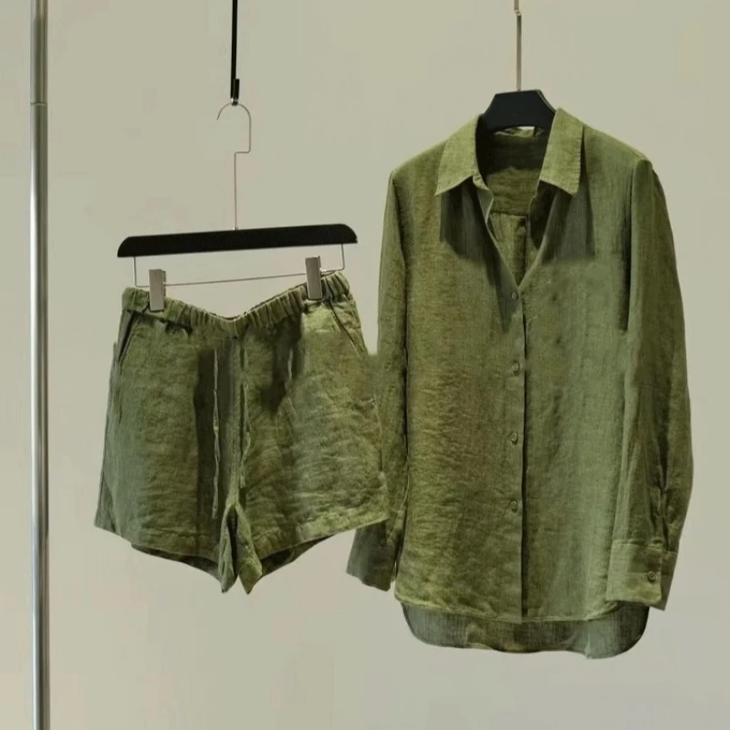 300斤大码长袖衬衫短裤两件套男女夏季绿色老钱宽松休闲防晒套装2