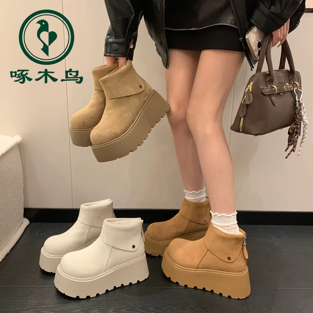 啄木鸟增高7cm时尚雪地靴时尚雪地靴低帮森系女鞋筒靴冬保暖短筒