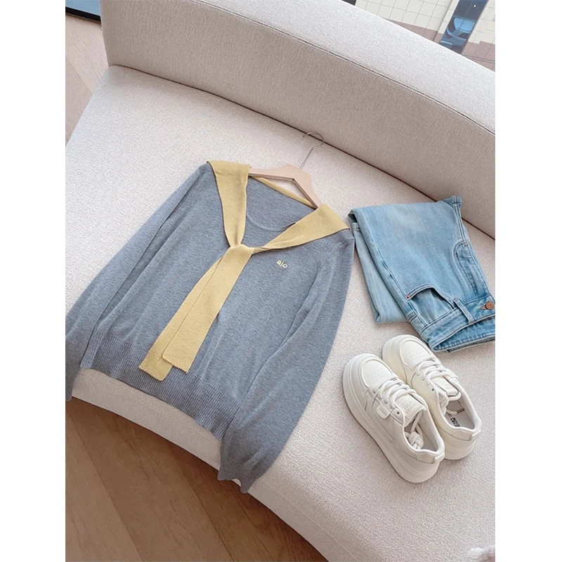 【学院风披肩】假两件长袖针织衫叠穿上衣