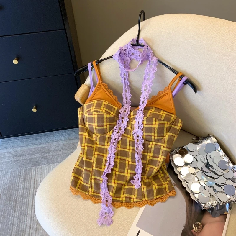 美式辣妹风蕾丝格纹拼接吊带背心女夏季别致高级感收腰超好看上衣