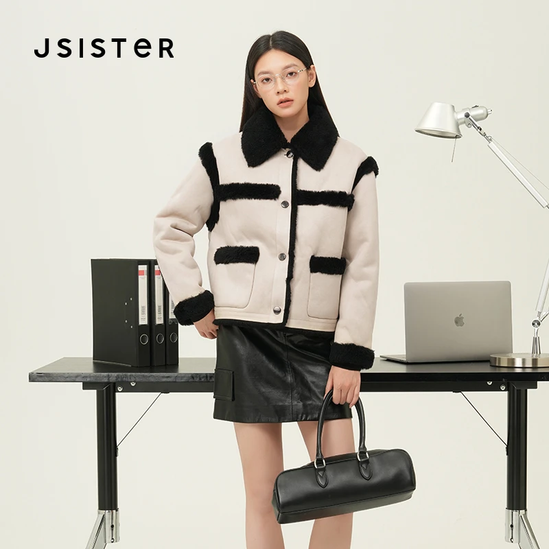 jsister 冬季新品 JS女装时尚米色拼接设计感短外套 女