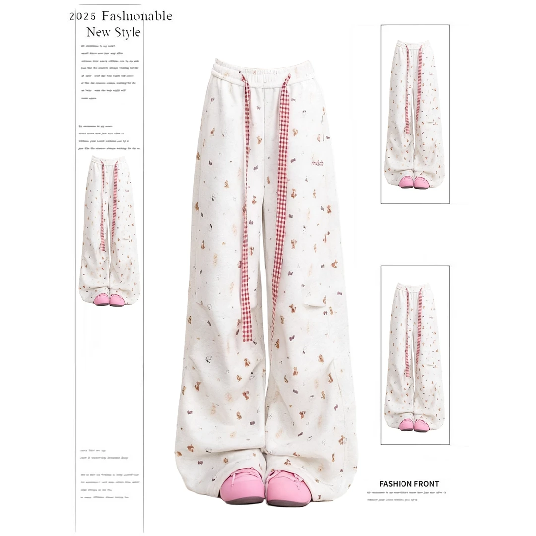 甜美风印花卫裤裤子女款2025冬季新款褶皱宽松显瘦抽绳休闲阔腿裤