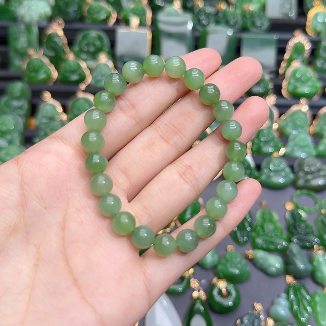 未镶嵌手串和田玉（碧玉）卡八粉绿单圈特价款